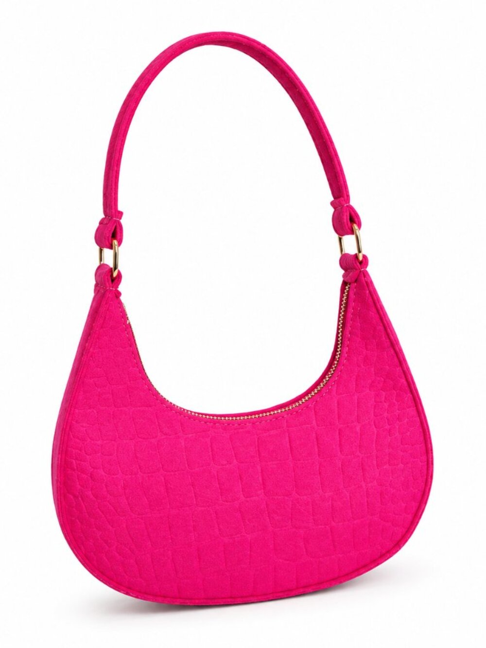Pink Croc Embossed Felt Crescent Shoulder Bag Gold Hardware Mini Hobo Purse NEW - Picture 2 of 8